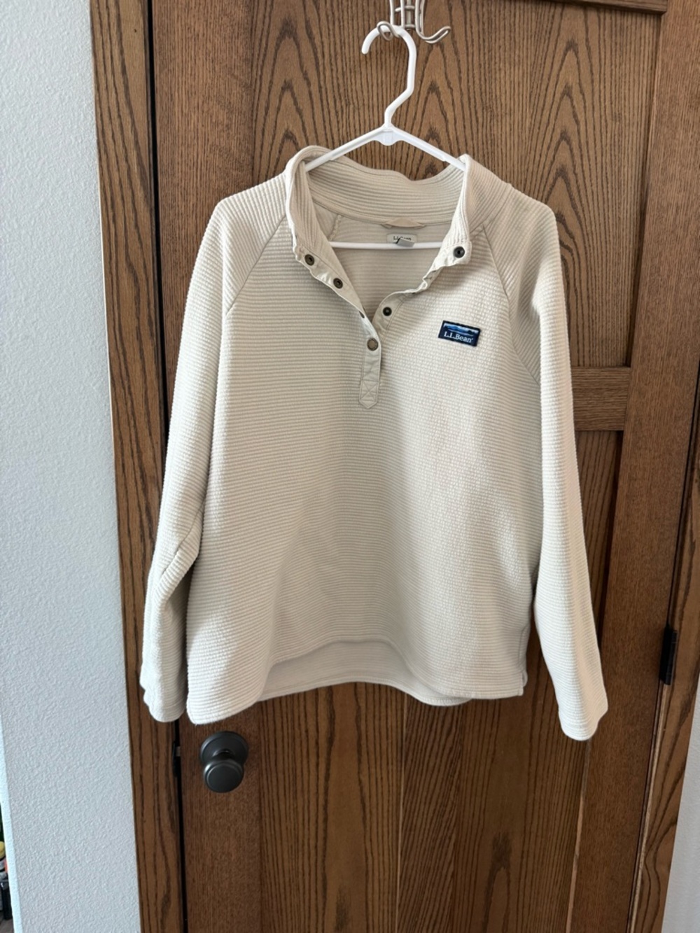 L.L. Bean Neutral Cream Waffle-Knit Snap Pullover